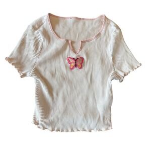 Butterfly Embroidered Ribbed Crop Top White Pink Lettuce Edge Baby Tee Y2K